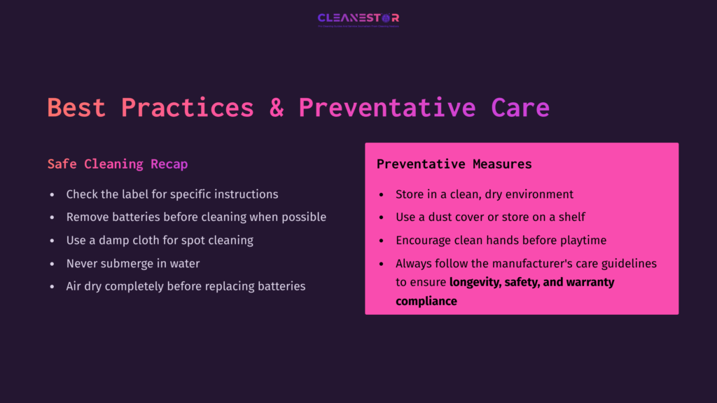 8 Best Practices And Preventative Care 1 Text On A Dark Background Discusses Best Practices For Cleaning Stuffed Animals With Batteries, Highlighting Safe Cleaning And Preventative Measures In Pink.