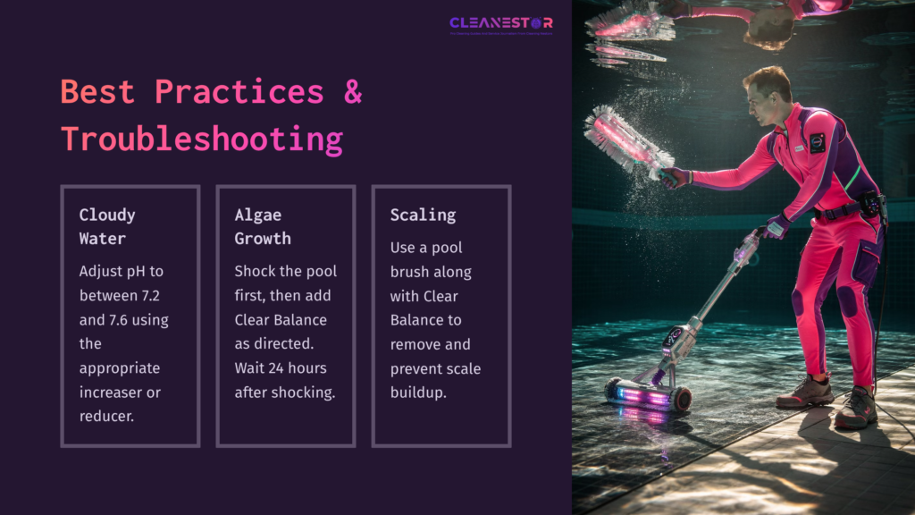 A Pool Technician In A Pink Suit Cleans A Pool With A Clear Balance Device, Alongside Text Boxes Outlining Best Practices And Troubleshooting Tips.