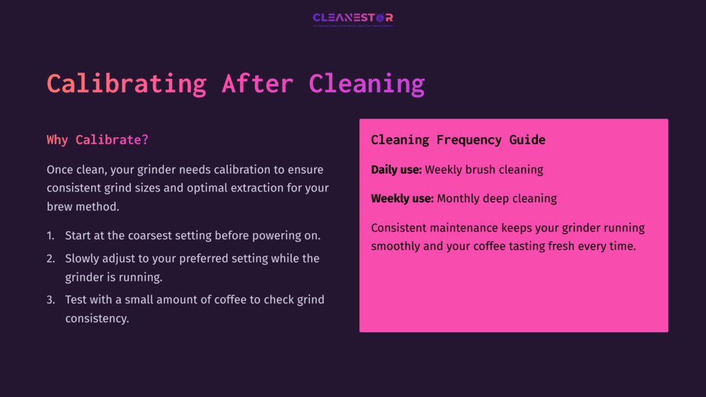 8 Calibrating After Cleaning 1 Text-Based Guide On Calibrating A Capresso Burr Grinder After Cleaning, Featuring A Purple And Pink Color Scheme With Defined Sections.