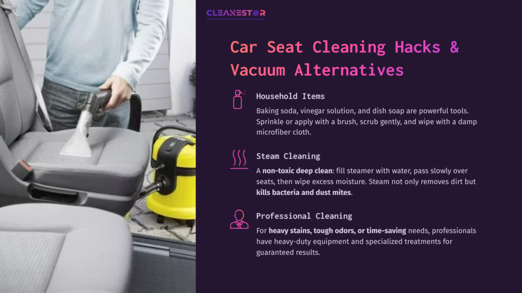 A Person Cleaning A Car Seat With A Brush, Next To A Yellow Steam Cleaner. Text Outlines Cleaning Tips Using Household Items.
