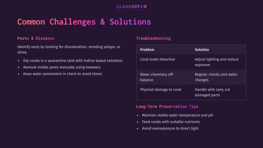 Illustration Of Challenges And Solutions For Coral Care, Featuring Text In Purple And White, With Sections On Troubleshooting And Preservation Tips.