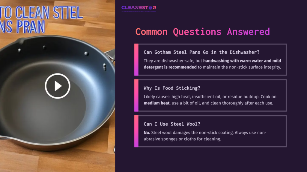 8 Common Questions Answered A Gotham Steel Pan On A Wooden Surface, Accompanied By Text Answering Common Cleaning Questions, With A Dark Purple Background.