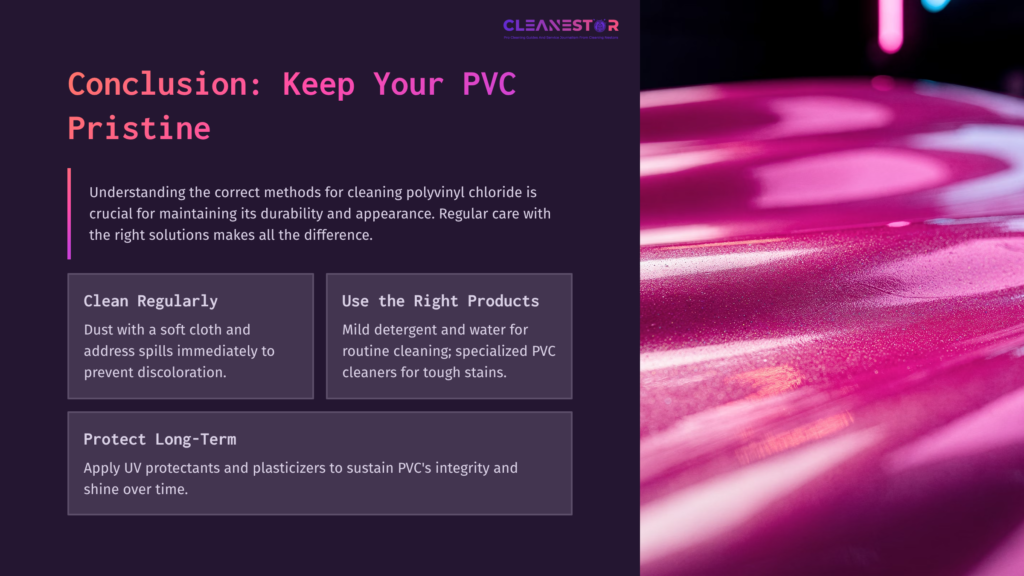 8 Conclusion Keep Your Pvc Pristine Bright Pink Pvc Surface With A Glossy Finish, Accompanied By Text Highlighting Cleaning Tips And Product Recommendations.