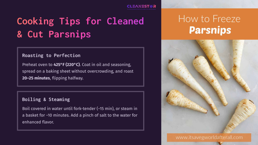 A Layout Featuring Tips For Cooking Parsnips, With A Brown Background For Roasting Tips And Orange For Boiling; Includes Parsnips On The Right.