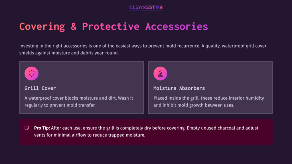 Dark Purple Background With White And Pink Text Outlining Tips For Preventing Mold On A Kamado Joe, Featuring A Grill Cover And Moisture Absorbers.