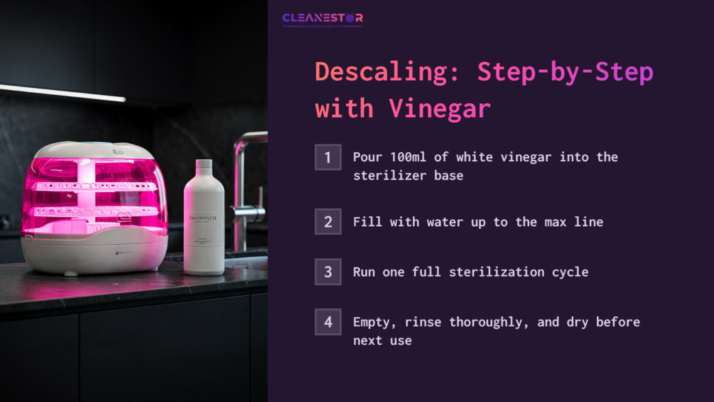 Philips Avent Sterilizer With Pink Light, Bottle Of Vinegar Beside It, On A Sleek Black Countertop; Descaling Instructions Listed Above.