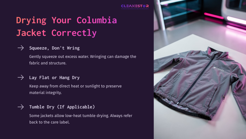 A Gray Columbia Jacket Displayed On A Table With Pink And Blue Lighting, Accompanied By Text Instructions On Proper Cleaning Methods.