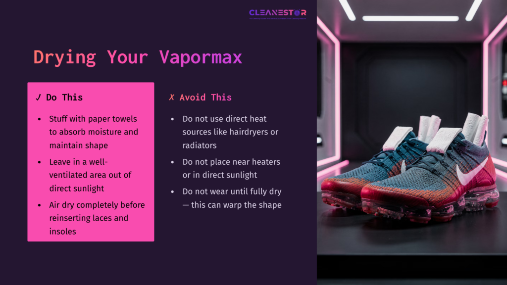 A Graphic Displaying Cleaning Tips For Vapormax Shoes, Featuring Colorful Shoes On A Pedestal And Text Instructions In Contrasting Colors.