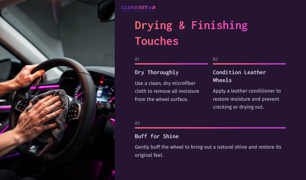 Hands Gripping A Steering Wheel With A Glowing Dashboard, Alongside Text Instructions For Cleaning And Maintaining A Steering Wheel.