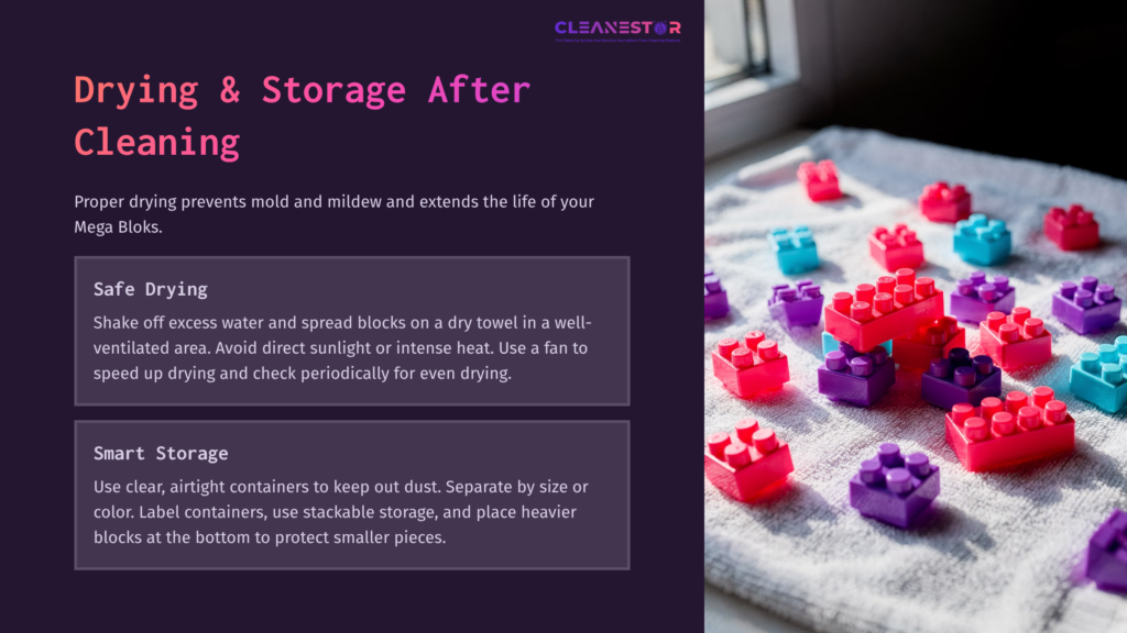 Colorful Mega Bloks In Pink, Purple, And Blue Drying On A Light Gray Towel, With A Fan Nearby For Ventilation, On A Dark Background.