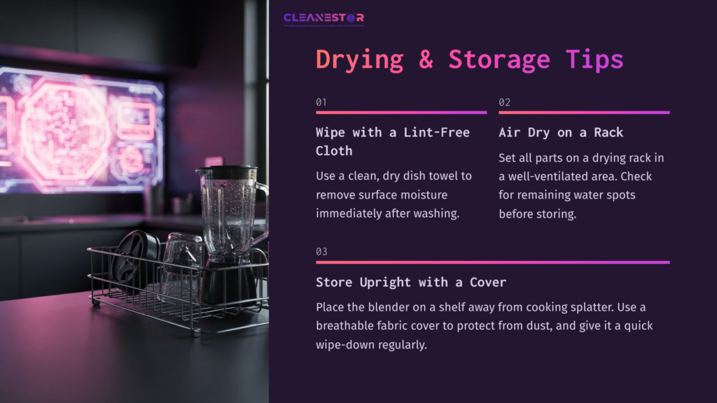 A Black Dish Rack Holding A Pampered Chef Blender And Accessories, With Drying Tips Displayed On A Vibrant Purple Background.