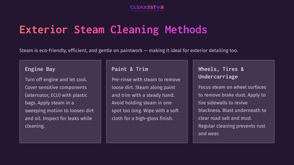 Instructional Graphic Detailing Exterior Steam Cleaning Methods, Featuring Bold Headings, Step-By-Step Tips, And A Sleek Purple Background.