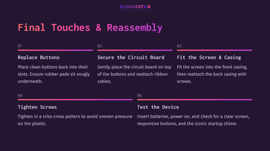 Instructions For Reassembling A Gameboy, Featuring Step Numbers, Purple And White Text On A Dark Background, And Icons For Each Step.