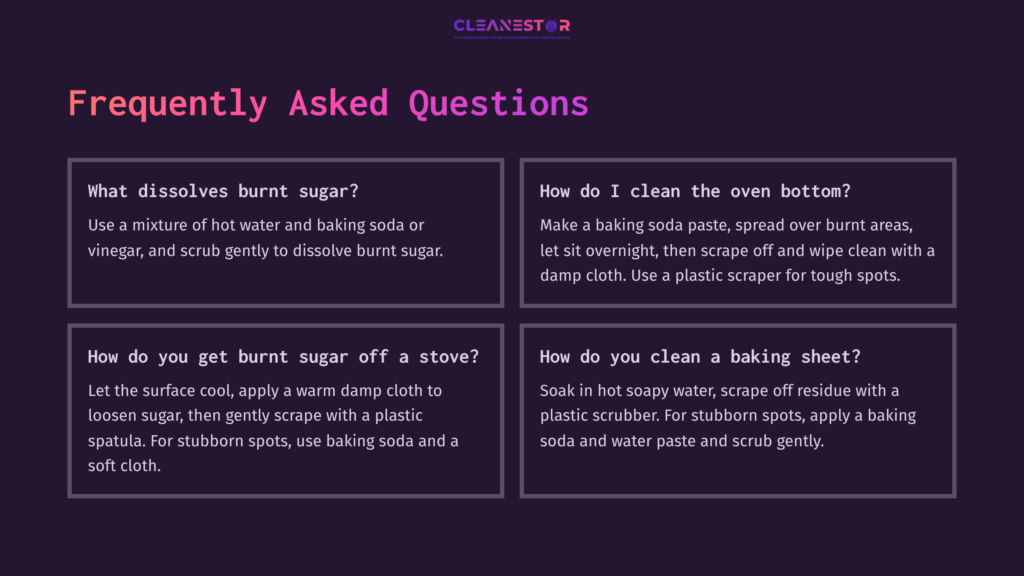 Four Faqs On A Dark Purple Background, Featuring White Text And Pink Headings, Discussing Burnt Sugar Cleaning Tips.