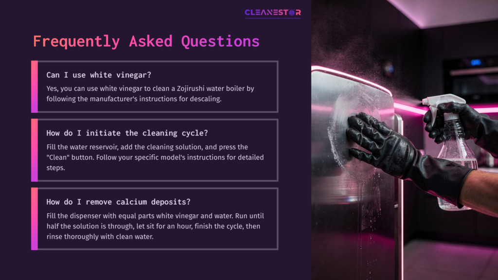 A Person Wearing Black Gloves Cleans A Zojirushi Water Boiler With A Spray Bottle, Accompanied By Faqs About Maintenance.