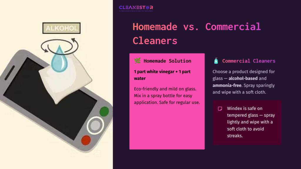 Illustration Comparing Homemade And Commercial Cleaners For Tempered Glass, Featuring A Spray Bottle, A Cloth, And Clear Text Instructions.