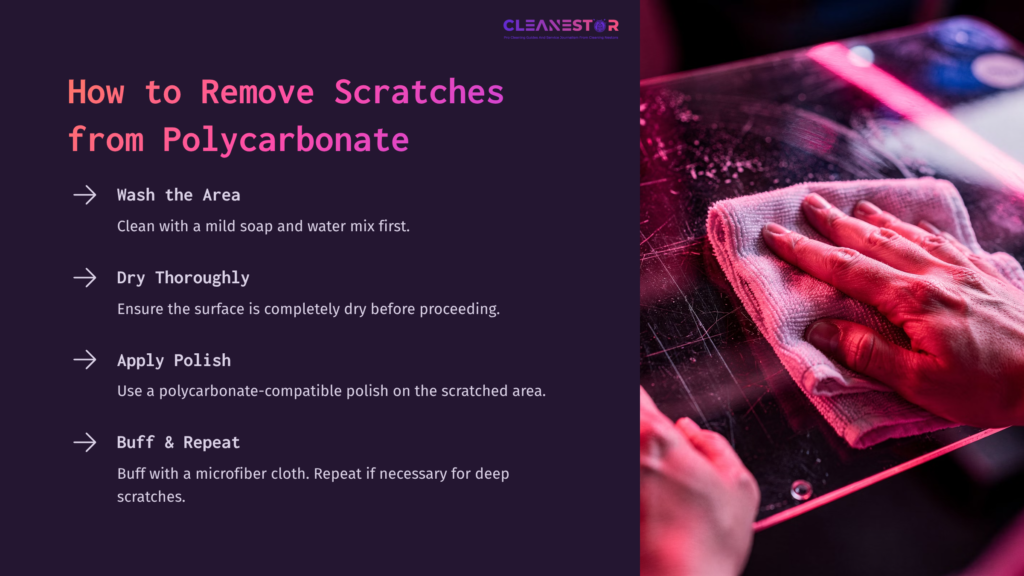8 How To Remove Scratches From Polycarbonate 1 A Hand Wipes A Glossy Polycarbonate Surface With A Microfiber Cloth, Surrounded By Text Instructions On Scratch Removal. Background Is Dark Purple.