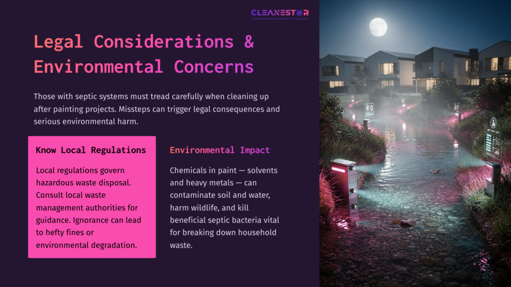 A Serene, Lit Pathway Leads To Houses With Purple Lighting, Emphasizing The Environmental Impact Of Paint Disposal Near A Septic System.