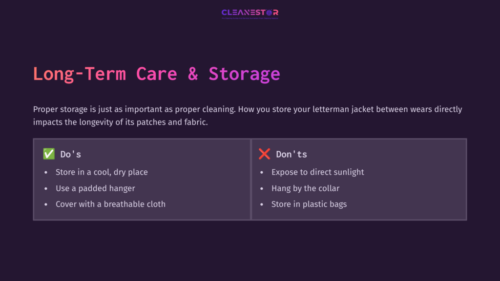 Infographic On Long-Term Care For Letterman Jackets, Featuring Storage Tips. Left Side Lists &Quot;Do'S,&Quot; Right Side Highlights &Quot;Don'Ts.&Quot;