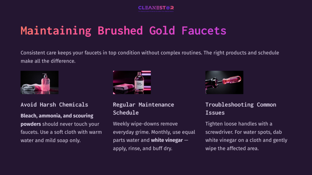 Brushed Gold Faucets Displayed With Care Tips; Sections Highlight Avoiding Harsh Chemicals, Maintenance Routines, And Troubleshooting. Purple Background.