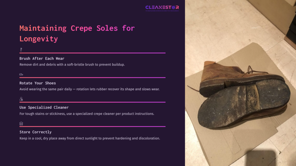 Brown Shoes With Crepe Soles Are Placed On A Beige Surface, Alongside Cleaning Tips In White Text On A Dark Purple Background.
