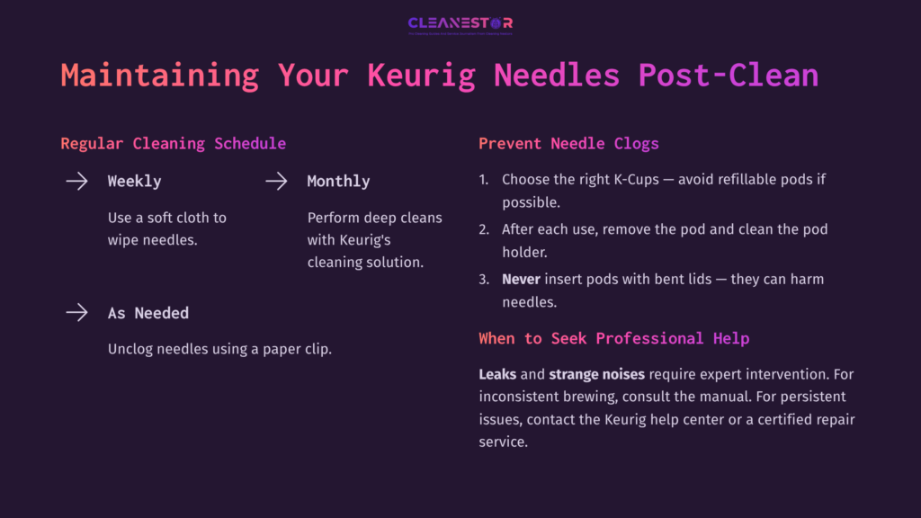 Keurig Maintenance Tips With A Purple And Black Background, Listing Needle Cleaning Schedule, Prevention, And When To Seek Help.