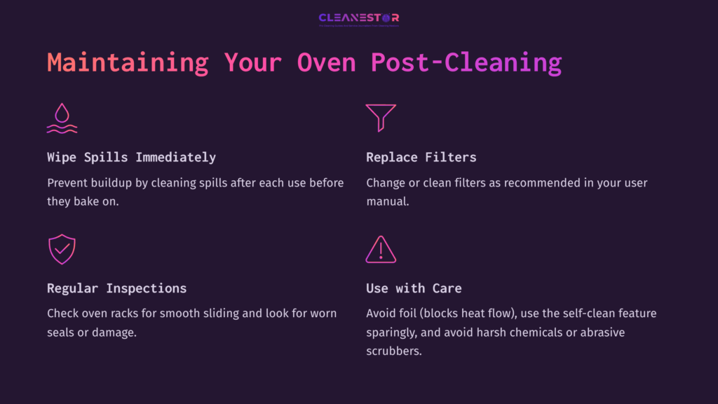 Textual Tips For Maintaining An Oven Post-Cleaning, Featuring Instructions In Bold Purple Headers Against A Dark Background With Icons For Each Tip.