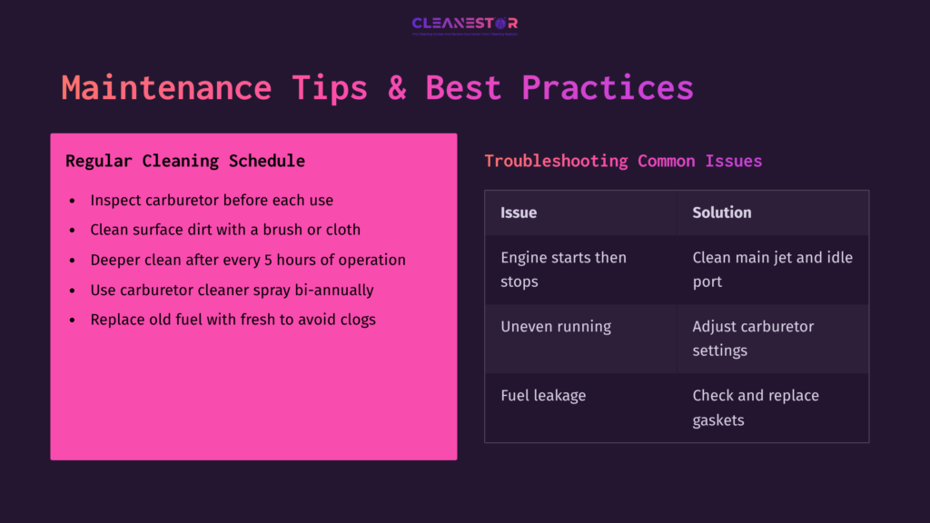 8 Maintenance Tips And Best Practices 1 Pink And Purple Background With Maintenance Tips For Cleaning An Ariens Snowblower'S Carburetor, Including Inspection And Troubleshooting Issues.