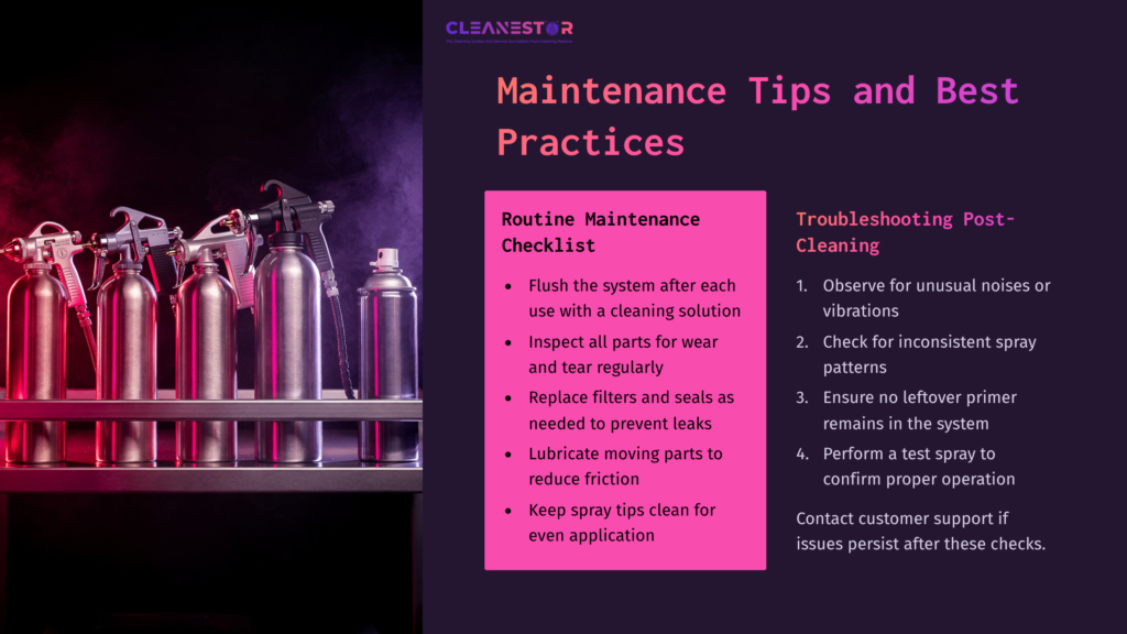Five Spray Paint Containers Lined Up On A Shelf, With Maintenance Tips And Troubleshooting Guides Highlighted In Bold Text On A Contrasting Background.