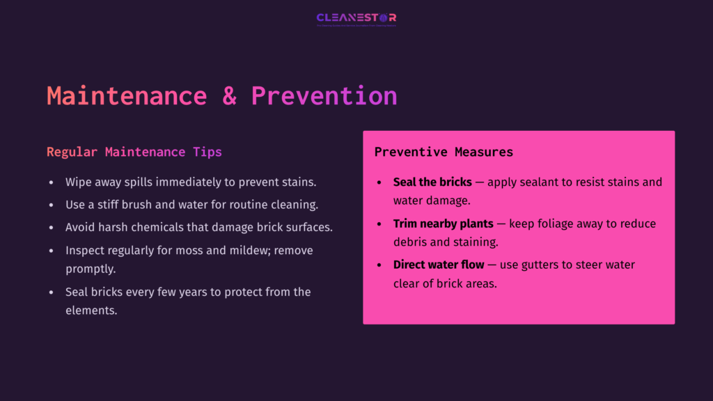 Text On A Dark Background Outlines Maintenance Tips For Landscaping Bricks, With A Bright Pink Section Detailing Preventive Measures.