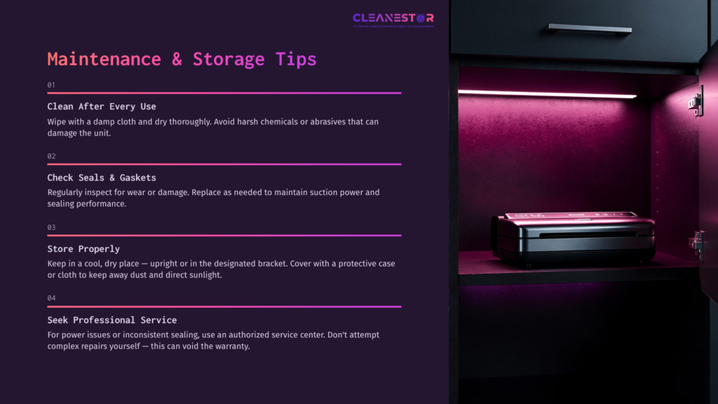 A Foodsaver Handheld Sealer Sits Inside A Sleek Black Cabinet, Illuminated By Soft Purple Lighting, Alongside Maintenance Tips Listed In White Text.