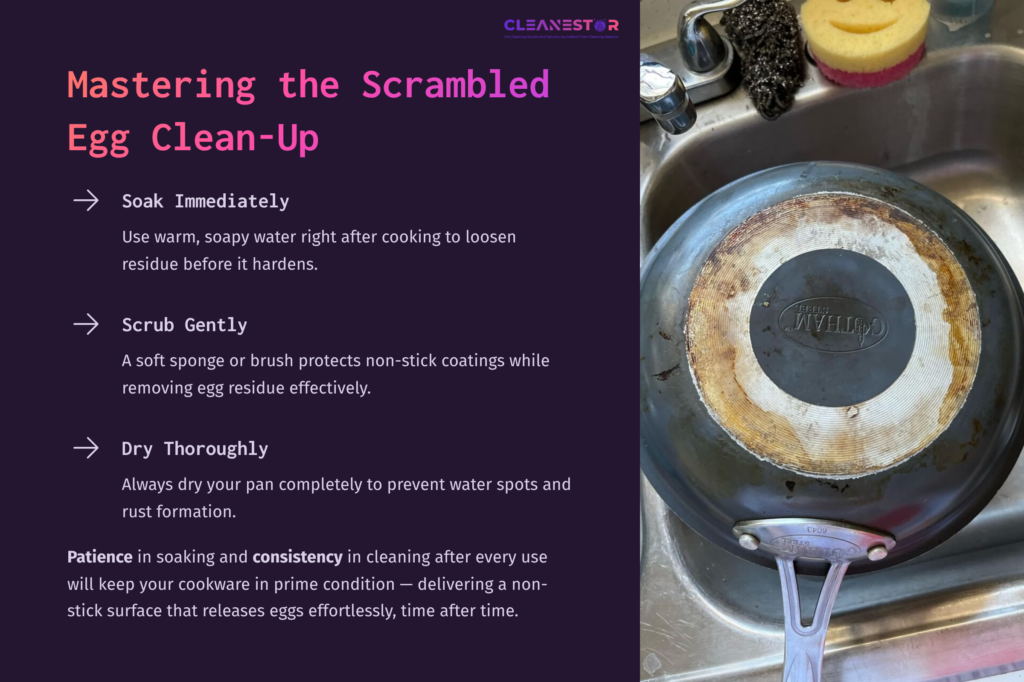 A Partially Cleaned Frying Pan In A Sink, With A Scrubber Visible, Alongside Text Instructions On Cleaning Scrambled Egg Residue.