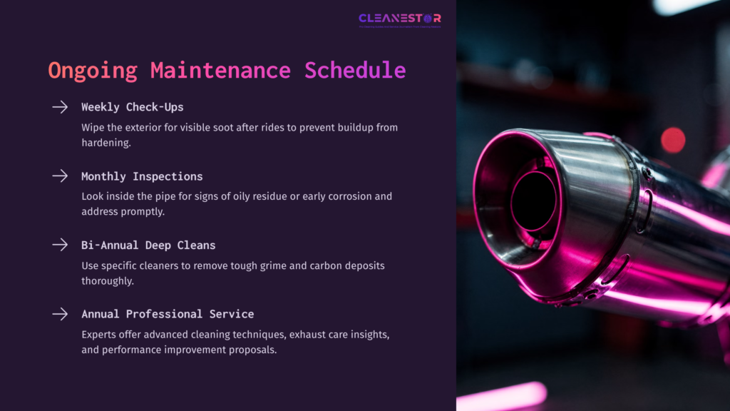 8 Ongoing Maintenance Schedule 1 A Motorcycle Exhaust Pipe With A Shiny Metallic Surface Reflecting Purple And Pink Lights, Accompanied By A Maintenance Schedule In Bold Text.