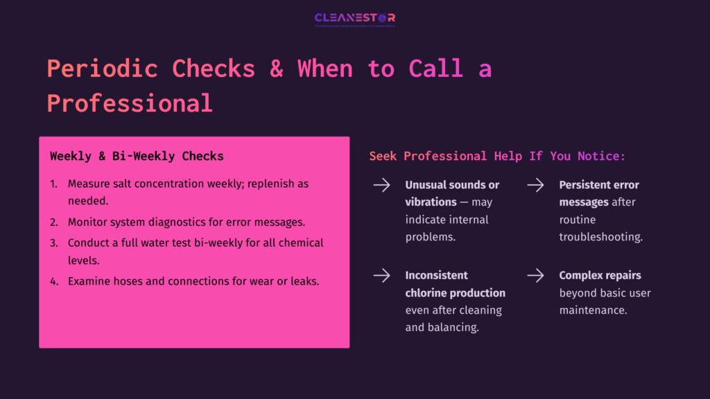 Text On A Dark Background Outlines Periodic Checks For A Saltwater System, Highlighting Weekly Checks And When To Seek Professional Help.