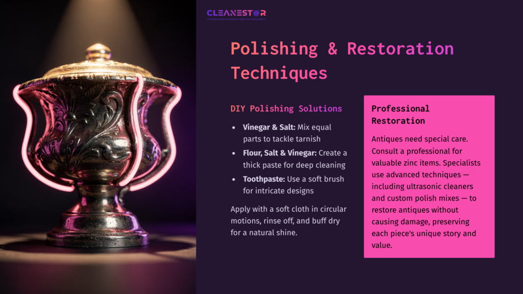 Polished Zinc Antique Showed Next To Cleaning Tips; Features A Shiny, Ornate Container With A Warm Gold Hue Against A Dark Background.