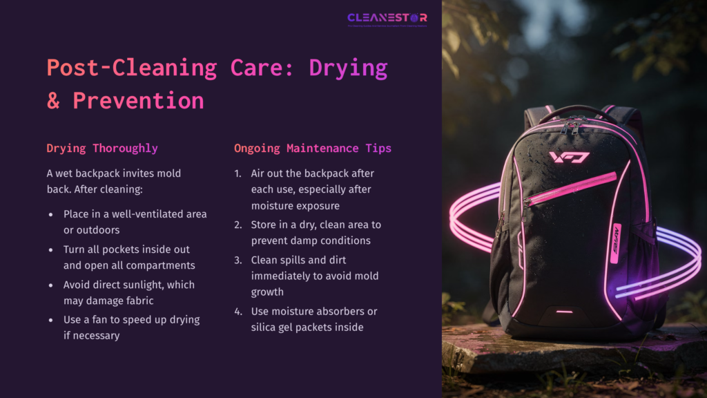 A Black And Pink Backpack In A Dark, Outdoor Setting, With Glowing Light Accents, Alongside Cleaning And Maintenance Tips For Mold Prevention.