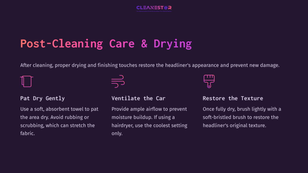 Instructions On Post-Cleaning Care For A Car Headliner, Featuring Icons For Drying Gently, Ventilating, And Restoring Texture, On A Dark Purple Background.