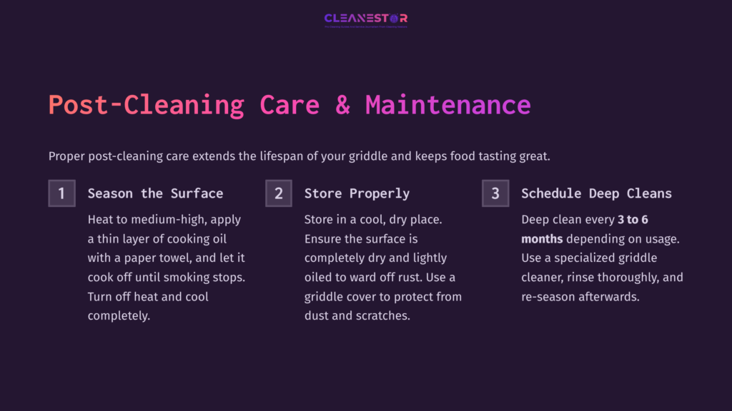 Guide On Griddle Maintenance With Three Sections: Seasoning, Storage, And Deep Cleaning, Labeled And Displayed Against A Dark Background.