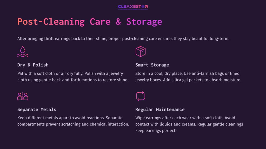 8 Post Cleaning Care And Storage Instructions For Cleaning Thrift Earrings, Featuring A Purple Background With Sections On Drying, Storage, Separating Metals, And Maintenance.