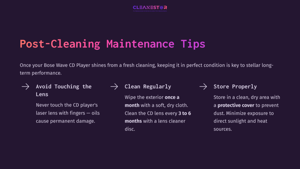 Text On A Dark Purple Background Outlines Tips For Maintaining A Bose Wave Cd Player, Emphasizing Careful Cleaning And Storage.
