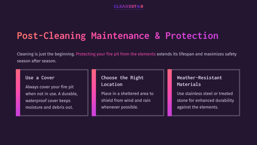 8 Post Cleaning Maintenance And Protection Four Sections On A Dark Background Discussing Fire Pit Maintenance. Key Points Include Using A Cover, Choosing A Sheltered Location, And Using Weather-Resistant Materials.