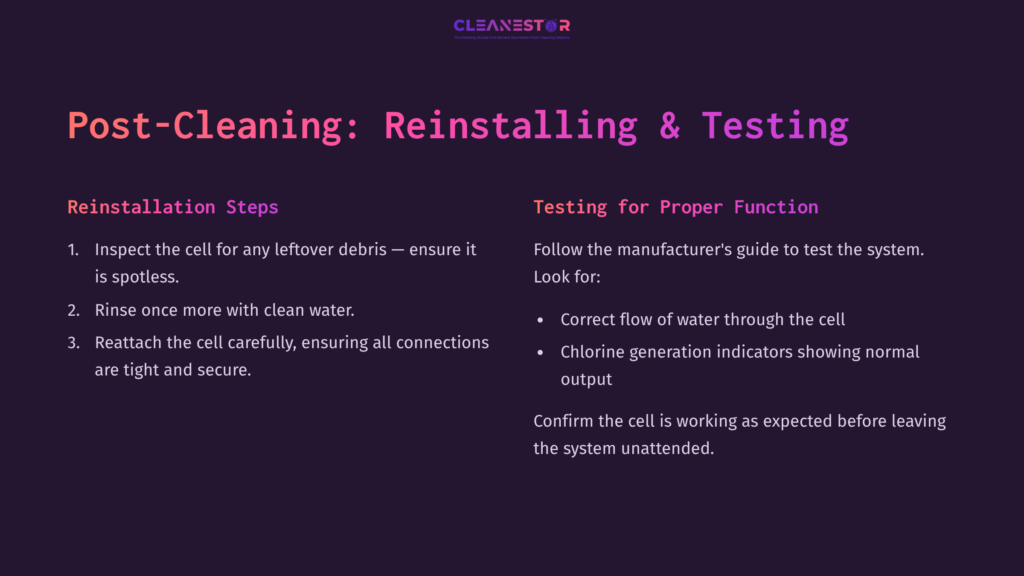 Post-Cleaning Guidelines For Reinstalling And Testing A Salt Water Chlorinator Cell, Featuring Bullet Points On Steps And Checks.