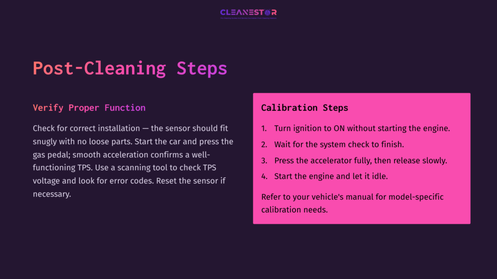 Text On A Dark Purple Background Detailing Post-Cleaning Steps For A Throttle Position Sensor, Including Calibration Instructions.