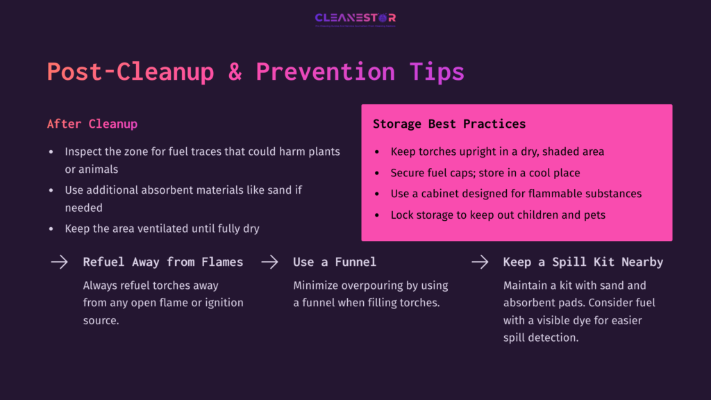 Post-Cleanup Tips On A Dark Background, Featuring Pink Highlights. Sections On Storage Best Practices, Refueling, And Using A Funnel.