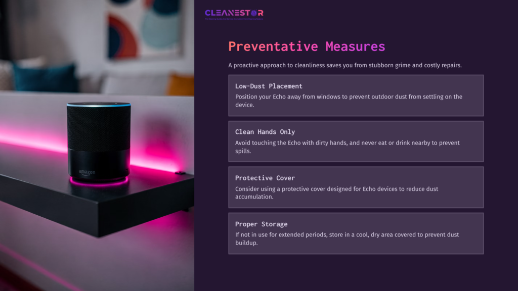 Black Alexa Echo Device On A Table With Pink Ambient Lighting, Accompanied By Cleaning Tips In A Modern Layout On The Right.