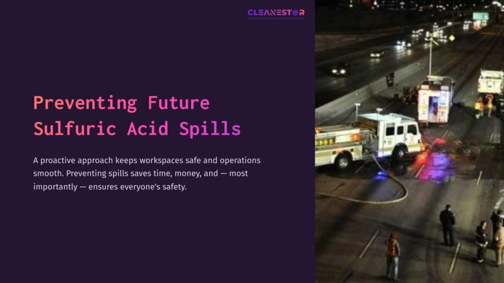 8 Preventing Future Sulfuric Acid Spills Emergency Response Vehicles And Workers On A Wet Road Demonstrate Cleanup Efforts, Emphasizing Safety In Handling Sulfuric Acid Spills.