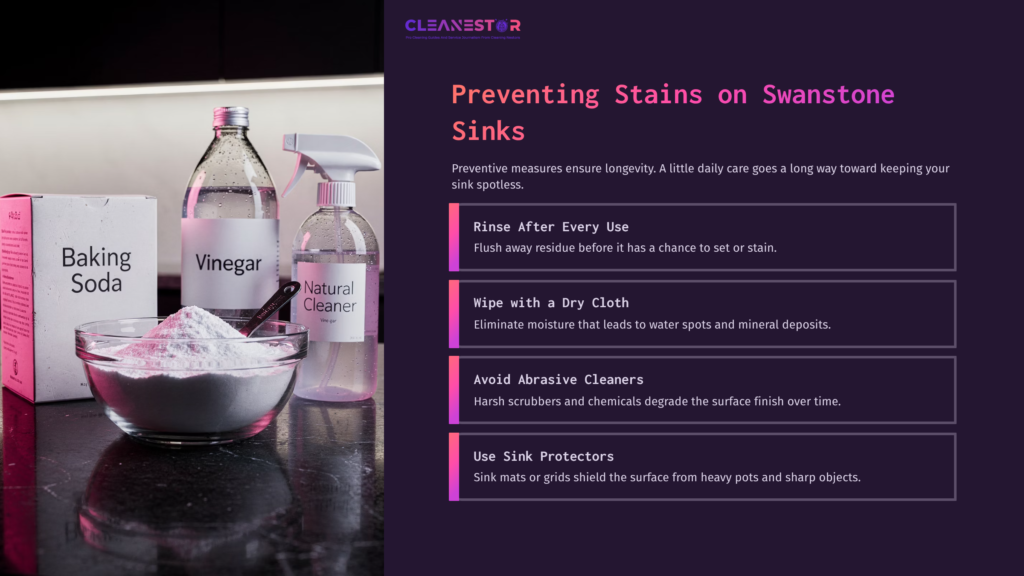 8 Preventing Stains On Swanstone Sinks Various Cleaning Supplies For Swanstone Sinks, Including Vinegar, Baking Soda, And A Spray Bottle, Displayed On A Countertop.