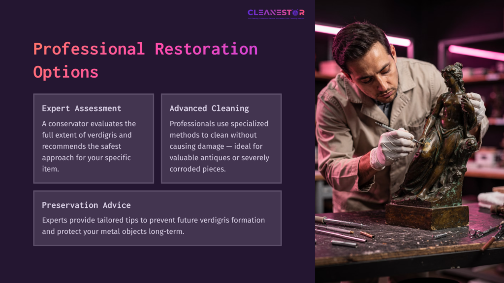 A Conservator Cleans A Corroded Metal Statue, Surrounded By Tools And Materials, With A Purple Background Highlighting Restoration Options.