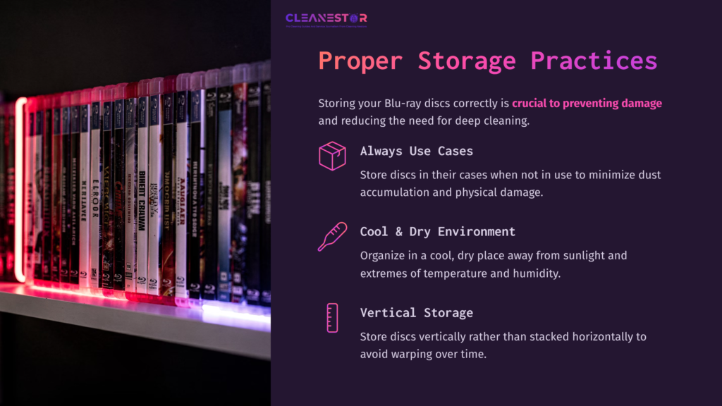 A Collection Of Blu-Ray Discs Stored Vertically In Cases, With Colorful Lighting Highlighting The Storage Area, Emphasizing Proper Organization Tips.