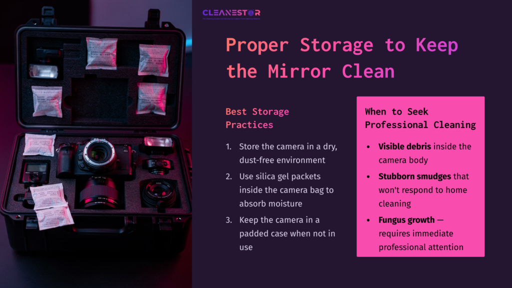A Black Camera Case With Compartments Holding A Camera, Lens, And Silica Gel Packets, Alongside Text On Cleaning And Storage Tips.